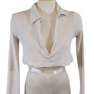 Free People Beach Top Womans Small Cream Ecru Cropped Long Sleeve Ribbed V-neck